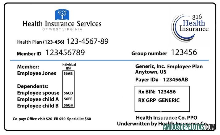 Cartão de seguro saúde da Virgínia Ocidental exemplo real